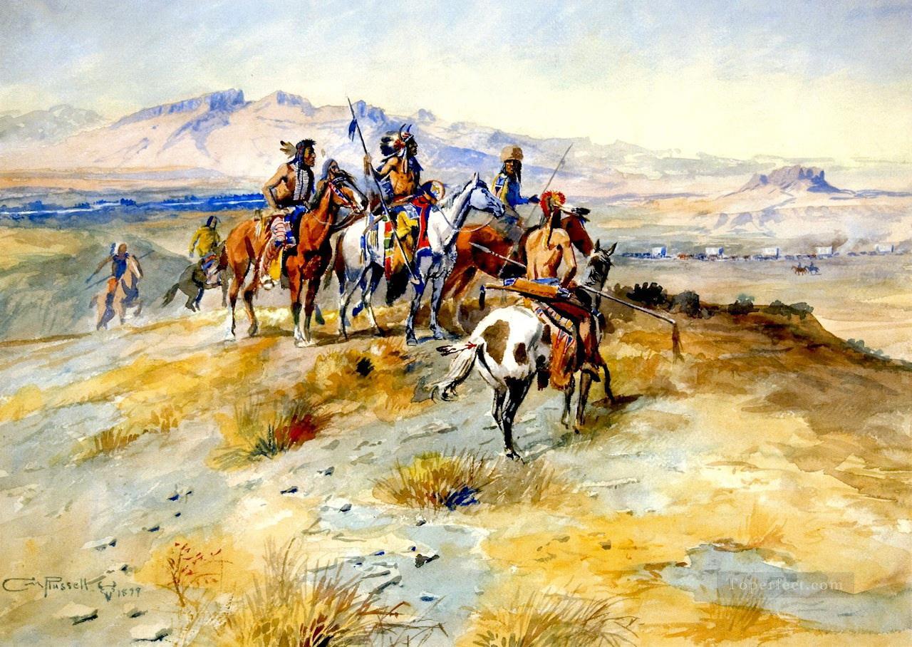 La llegada del hombre blanco 1899 Charles Marion Russell Pintura al óleo